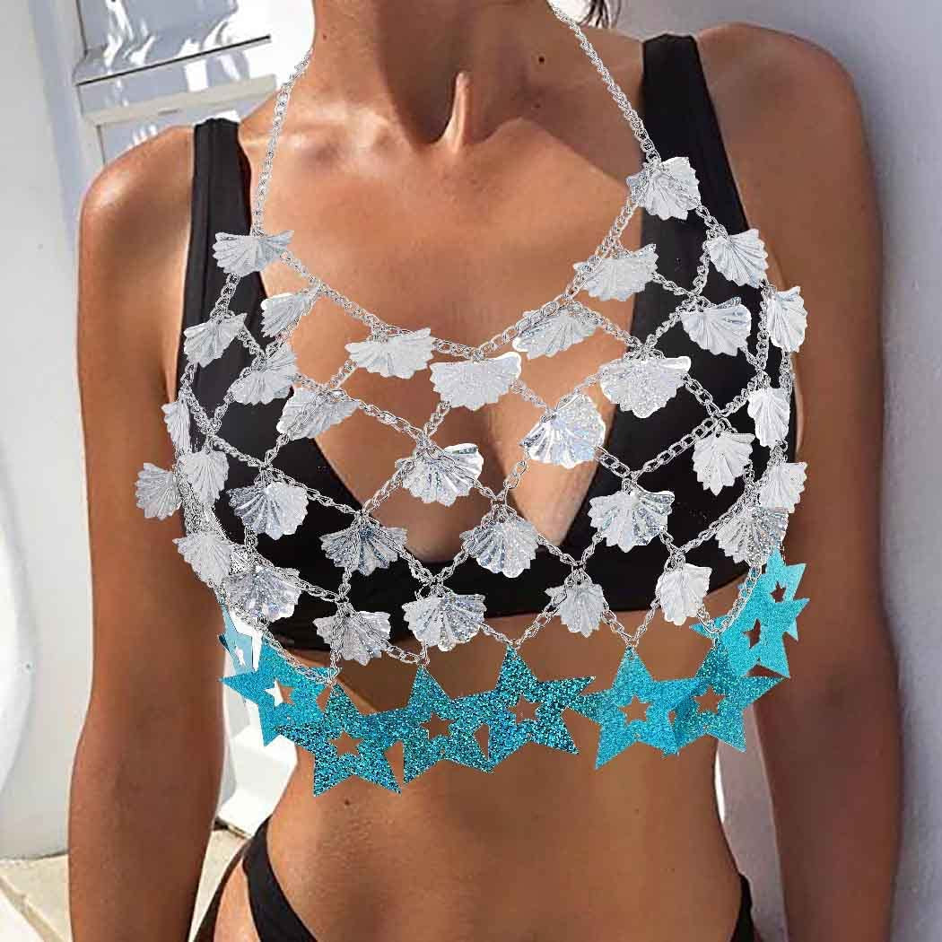Sexy Body Chain Bikini Silver Tassel Star Sequins Bra Halter Backless Crop Top Shell Beach Party Chest Chains Jewelry for Women Apparel & Accessories > Jewelry > Body Jewelry China