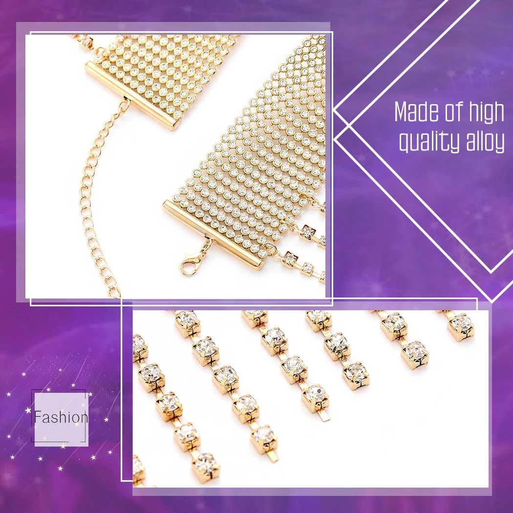 Rhinestone Tassel Choker Sexy Gold Wide Necklace Chain Shiny Evening Nightclub Adjustable Body Accessories Jewelry for Women Apparel & Accessories > Jewelry > Body Jewelry KYLIE MAX