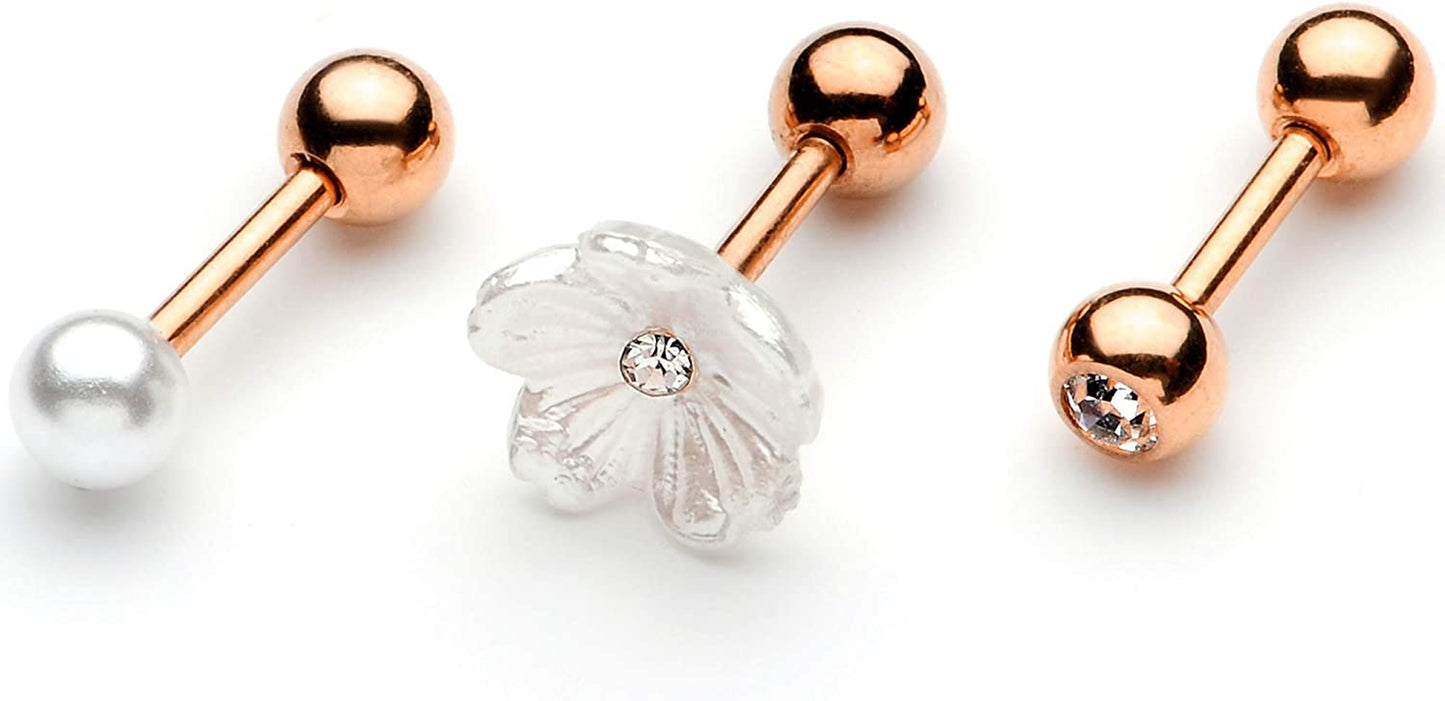 Body Candy 3Pc 16G Womens 316L Stainless Steel Flower Cartilage Earring Helix Tragus Jewelry Set 1/4" Apparel & Accessories > Jewelry > Body Jewelry Body Candy Rose Gold Toned