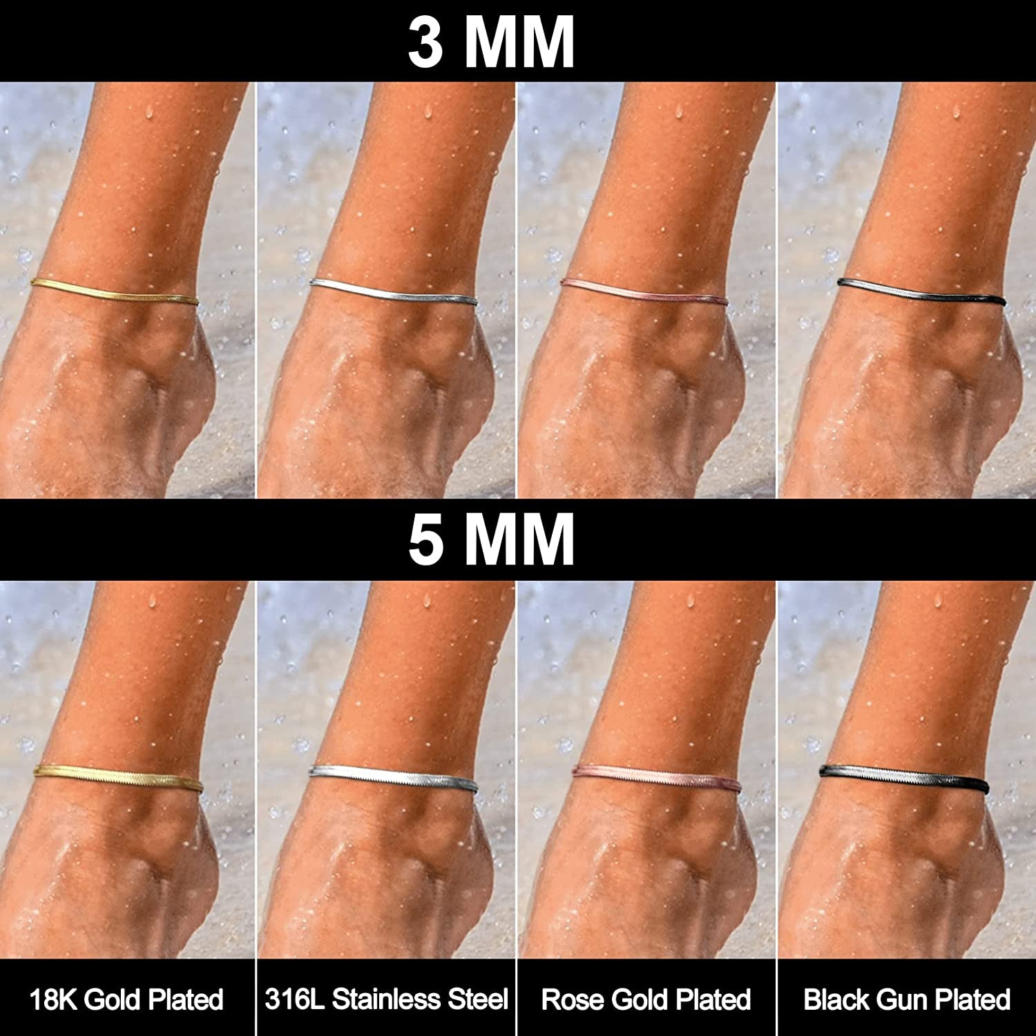 FOCALOOK 18K Gold Plated Flat Snake Chain Link Dainty Ankle Bracelets for Women, Boho Summer Beach Anklet Adjustable Foot Jewelry (4 Colors) Apparel & Accessories > Jewelry > Anklets FOCALOOK JEWELRY