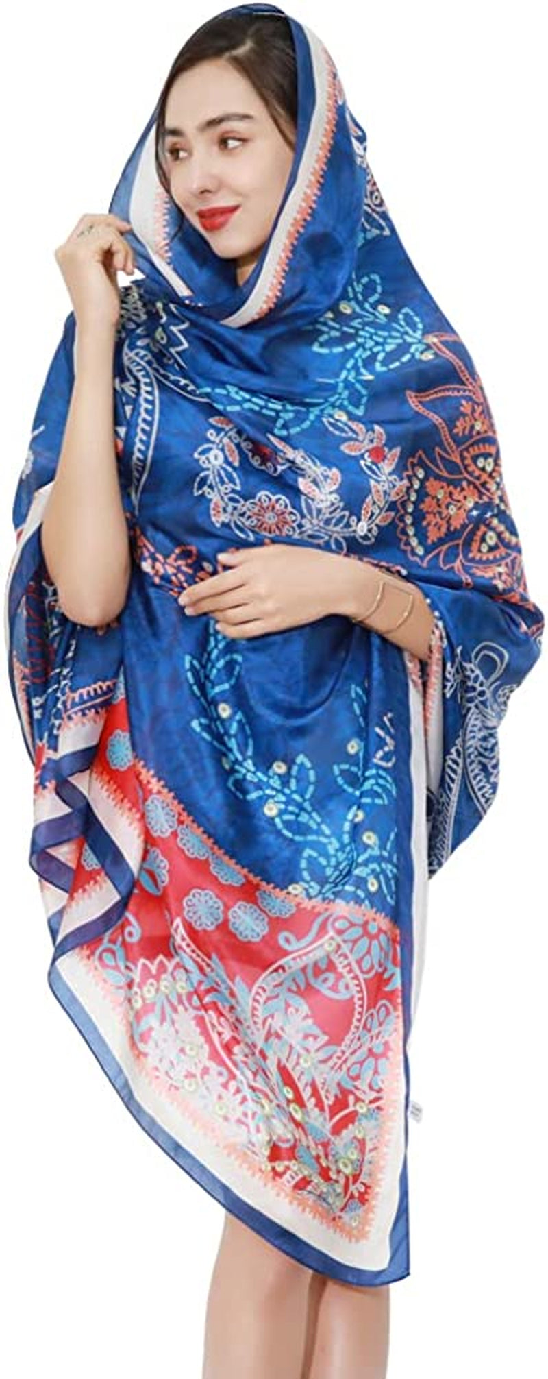 DANA XU Women'S Mulberry Satin Silk Fashion Summer Shawls Large Size Floral Scarf Oversize Soft Wraps for Evening Dresses Apparel & Accessories > Clothing Accessories > Scarves & Shawls DANA XU 25 Blue