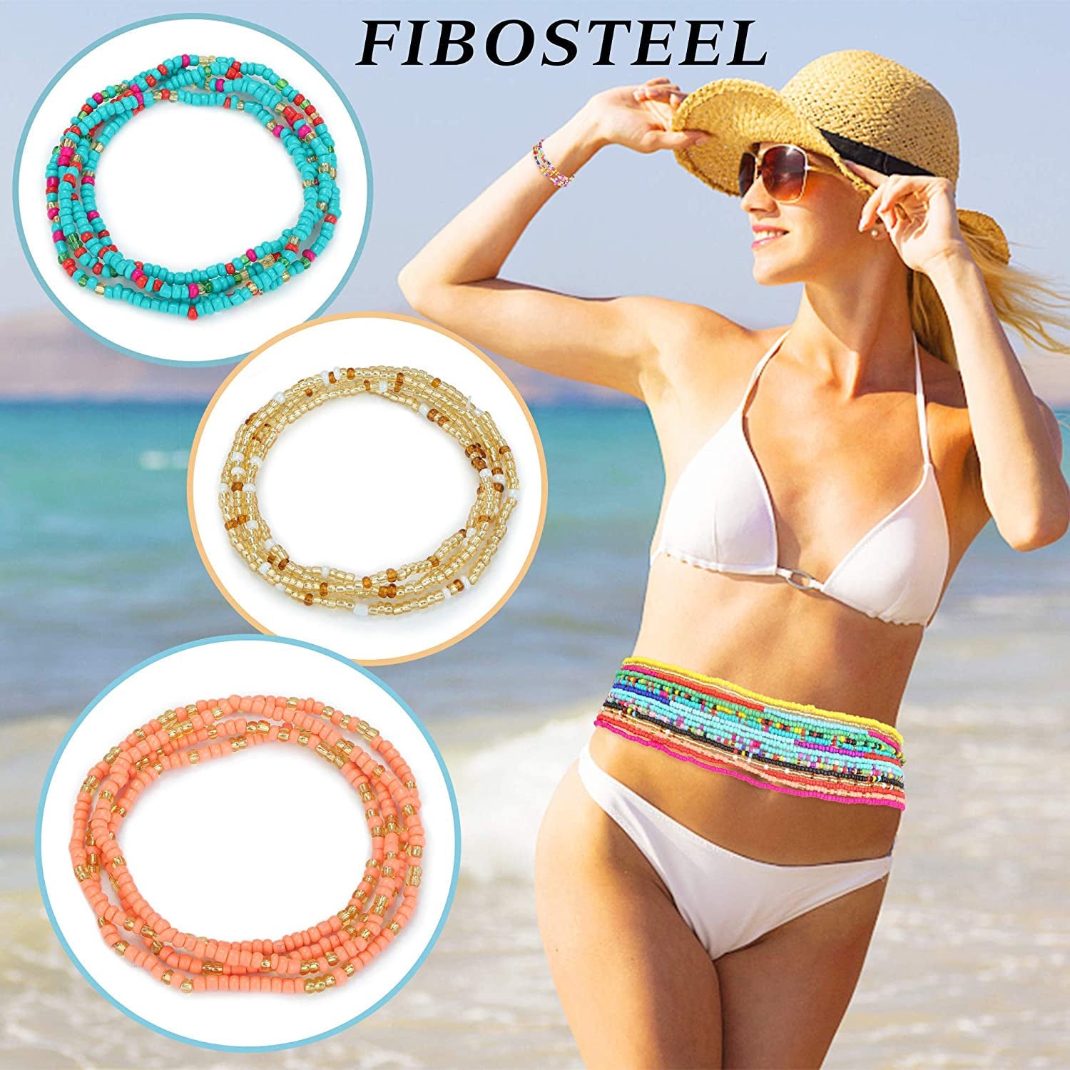 FIBO STEEL 24 Pcs Belly Waist Necklace Chain Summer Jewelry Bikini Body Chain for Women African Waist Bead Set Stretchy Elastic String Multi-Color Sexy Bracelet Anklet Apparel & Accessories > Jewelry > Body Jewelry FIBO STEEL