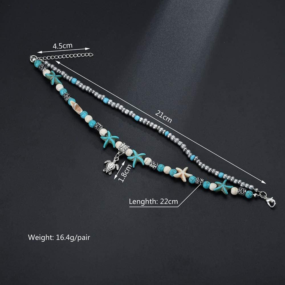 Softones Blue Starfish Turtle Anklet Multilayer Charm Beads Sea Handmade Boho Anklet Foot Jewelry for Women Girl Apparel & Accessories > Jewelry > Anklets Softones