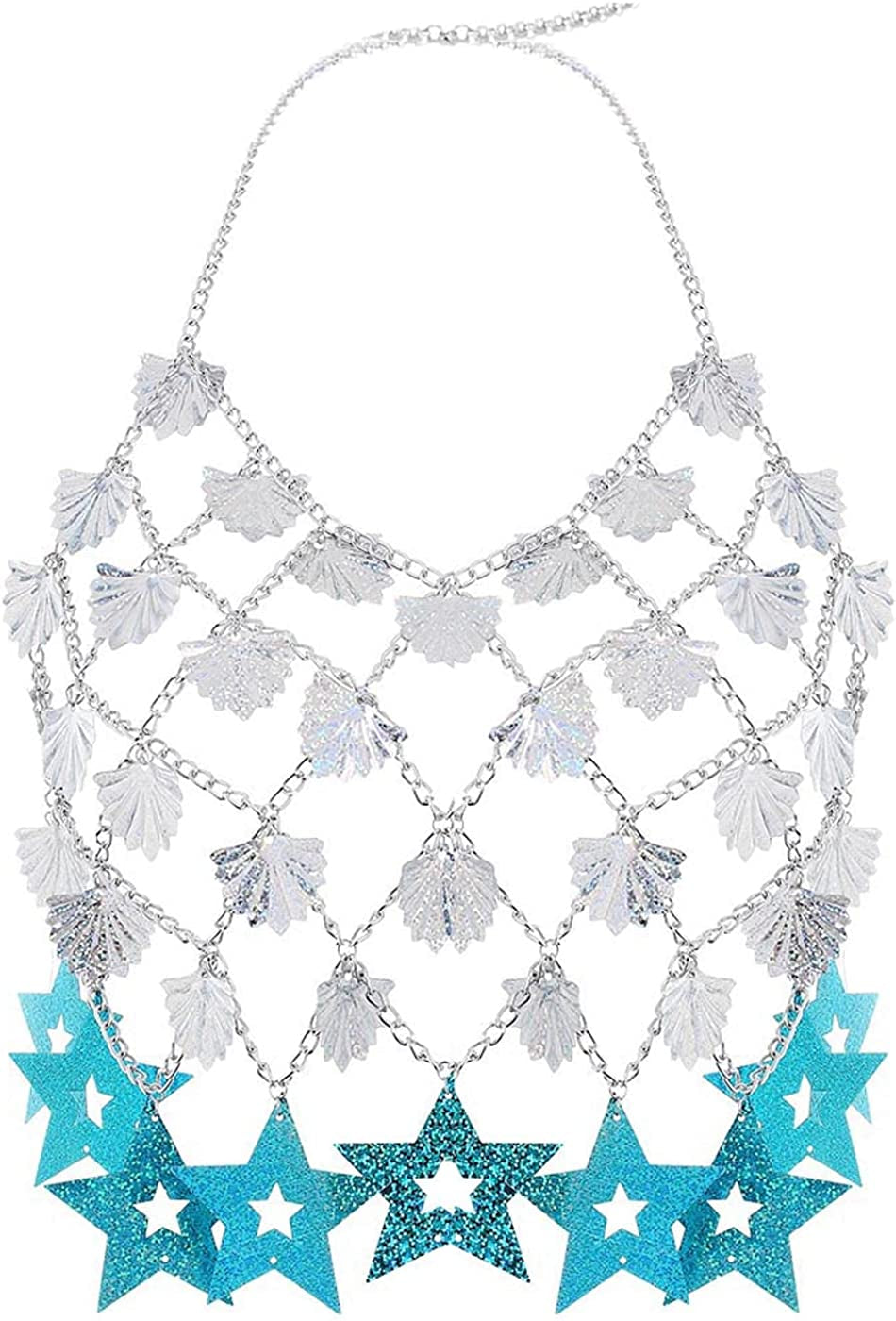Sexy Body Chain Bikini Silver Tassel Star Sequins Bra Halter Backless Crop Top Shell Beach Party Chest Chains Jewelry for Women Apparel & Accessories > Jewelry > Body Jewelry China