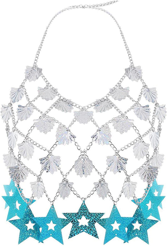 Sexy Body Chain Bikini Silver Tassel Star Sequins Bra Halter Backless Crop Top Shell Beach Party Chest Chains Jewelry for Women Apparel & Accessories > Jewelry > Body Jewelry China