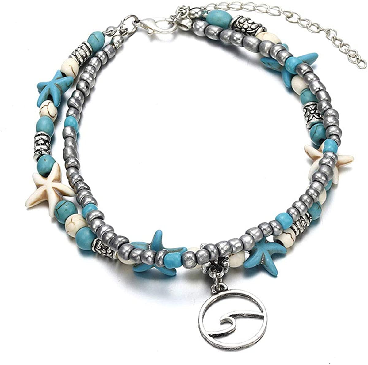 Softones Blue Starfish Turtle Anklet Multilayer Charm Beads Sea Handmade Boho Anklet Foot Jewelry for Women Girl Apparel & Accessories > Jewelry > Anklets Softones B:Wave