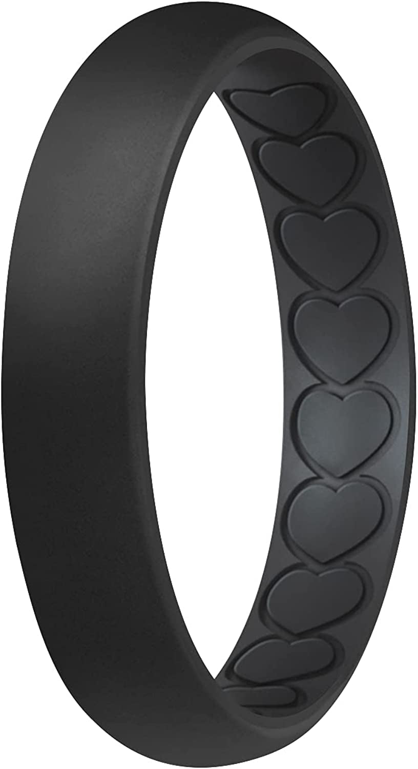 ROQ Silicone Wedding Bands for Women - Breathable Thin Inner Hearts Unique Design Womens Silicone Rubber Ring - Bridal Jewelry Set Anniversary Rings - U.S. Design Patent Pending Apparel & Accessories > Jewelry > Body Jewelry ROQ Black 4 - 4.5 (15.3mm)