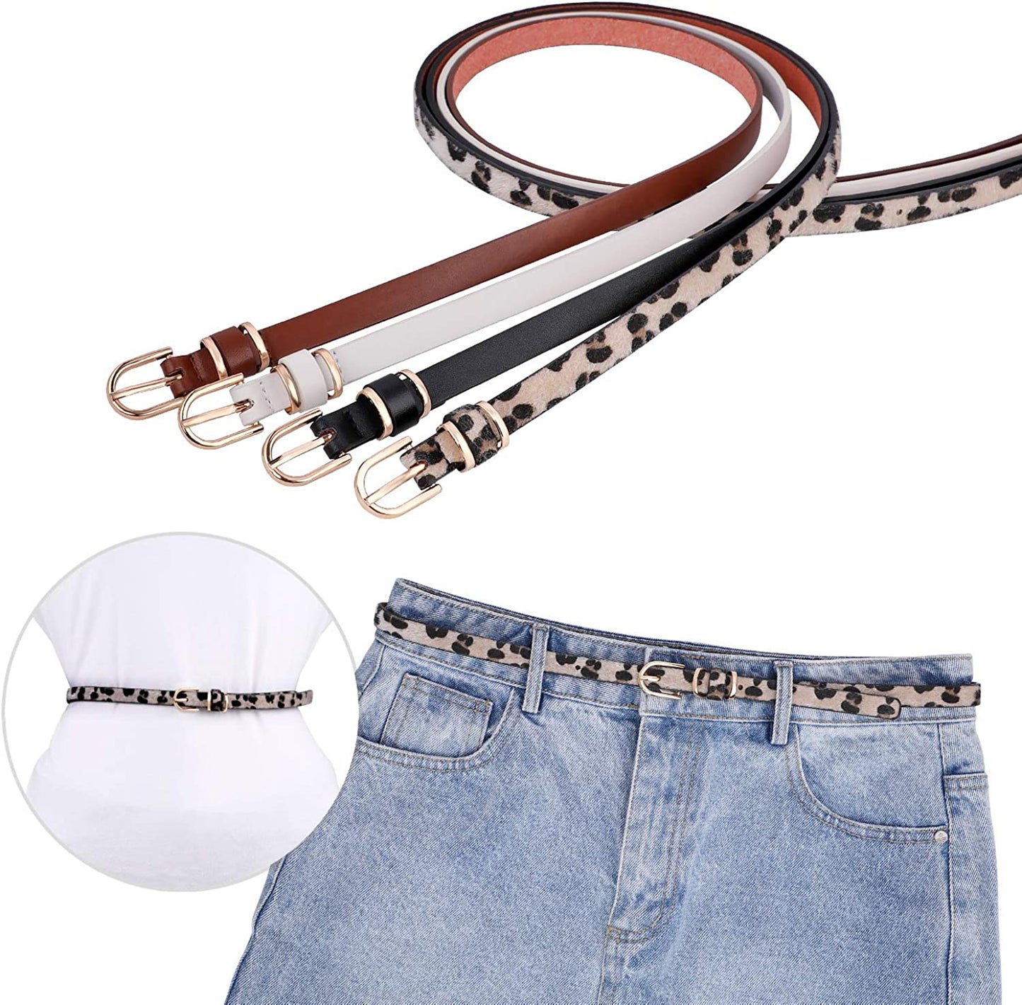 Set of 4 Womens Thin Belts SANSTHS Skinny Leather Belt with Gold Alloy Buckle Apparel & Accessories > Clothing Accessories > Belts SANSTHS