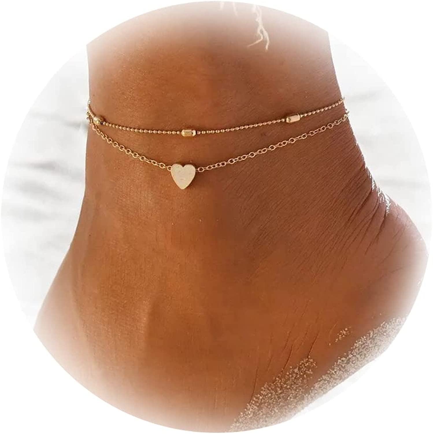 Five Layered Anklet Bracelets for Women Silver Gold Beaded Chain Anklet for Teen Girls Boho Multi-Layered Anklet Bracelets Beach Foot Chain Jewelry Jewelry Gifts Apparel & Accessories > Jewelry > Anklets Dcfywl731 Gold Heart Layered Anklet