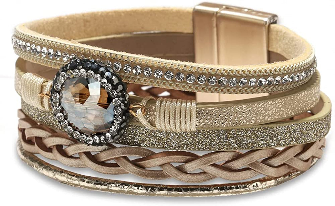 Fesciory Leopard Bracelet for Women Wrap Multi-Layer Leather Bracelet Magnetic Clasp Cuff Bangle Jewelry Apparel & Accessories > Jewelry > Bracelets Fesciory B27-Crystal Leather(Khaki)