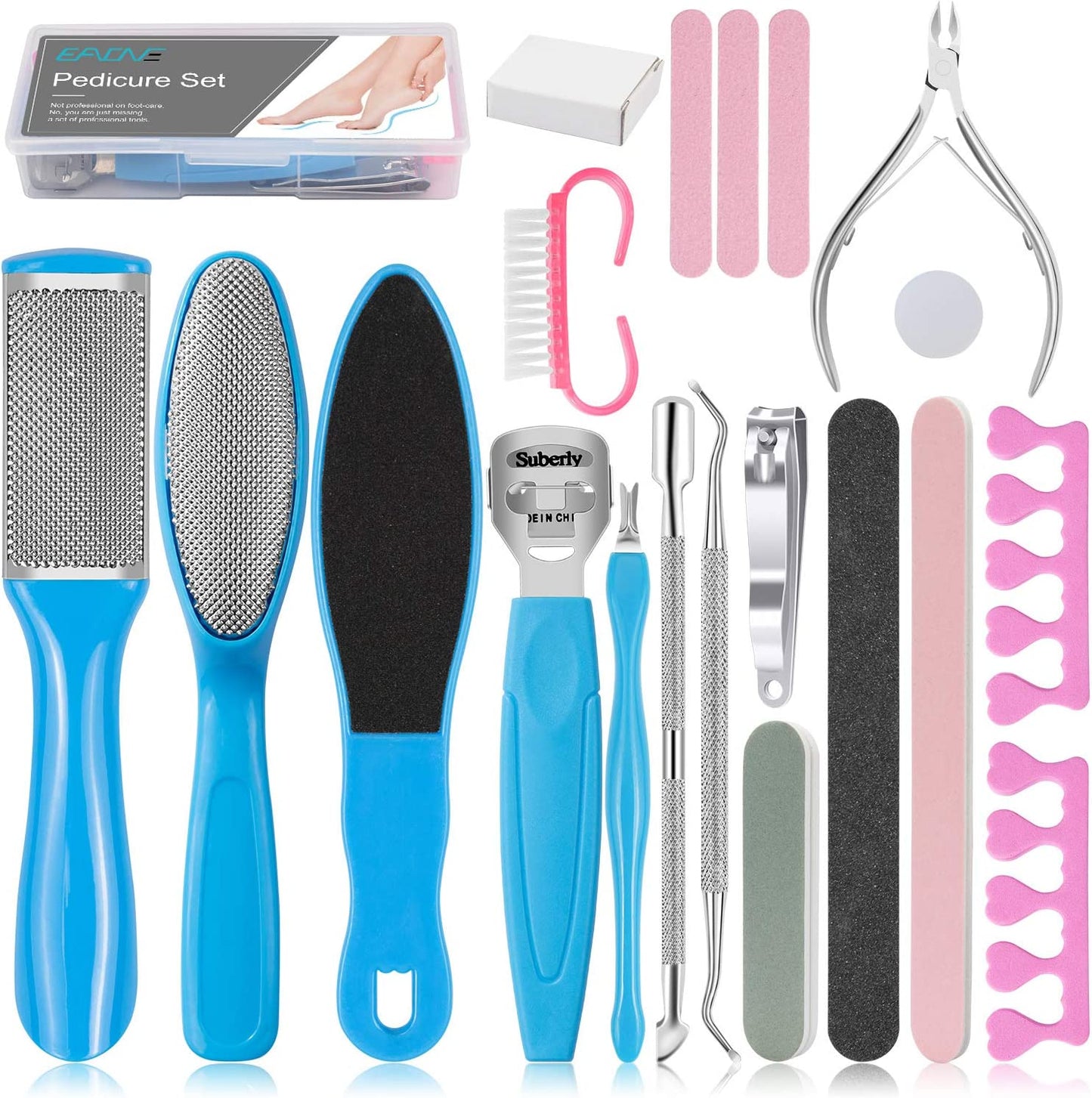 EAONE Professional Pedicure Tools Set, 20 in 1 Foot Files Callus Remover for Feet, Stainless Steel Foot Scrubber Rasp Heel Dead Skin Removal Pedicure Kit for Women and Men Foot Care at Home and Salon Health & Beauty > Personal Care > Foot Care EAONE Blue