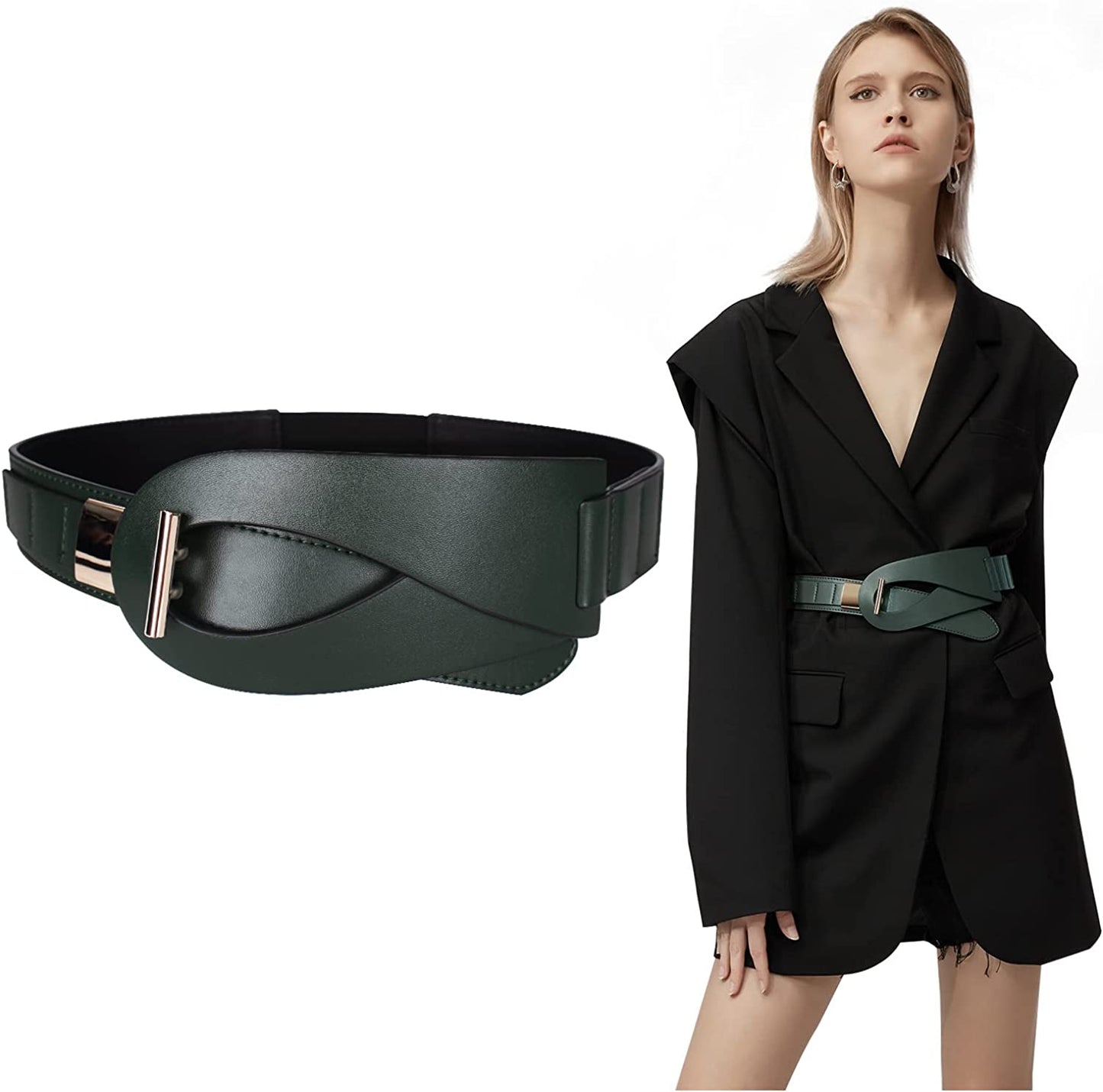 FIORETTO Dress Belts for Women, Wide Black Elastic Belt, Fashion Cinch Belt, Genuine Leather/Pu Leather Ladies Waist Belts Apparel & Accessories > Clothing Accessories > Belts FIORETTO Dark Green(pu) suit waist 27"-30"