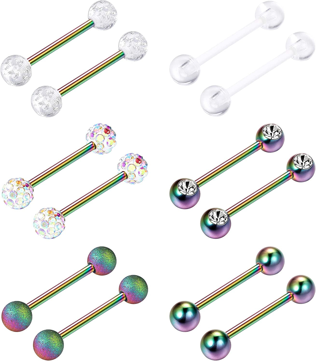 FINREZIO 14G 12-18Mm Stainless Steel Nipple Tongue Ring Barbell Nipplerings Body Piercing Jewelry 12Pcs Apparel & Accessories > Jewelry > Body Jewelry FINREZIO 14G Rainbow 18 Millimeters