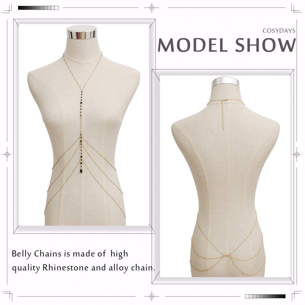 Cosydays Sexy Belly Chain Gold Rhinestone Harness Body Chain Beach Bikini Chains Waist Nightclub Body Chain Jewelry for Women and Girls (A-Rhinestone) Apparel & Accessories > Jewelry > Body Jewelry COSYDAYS