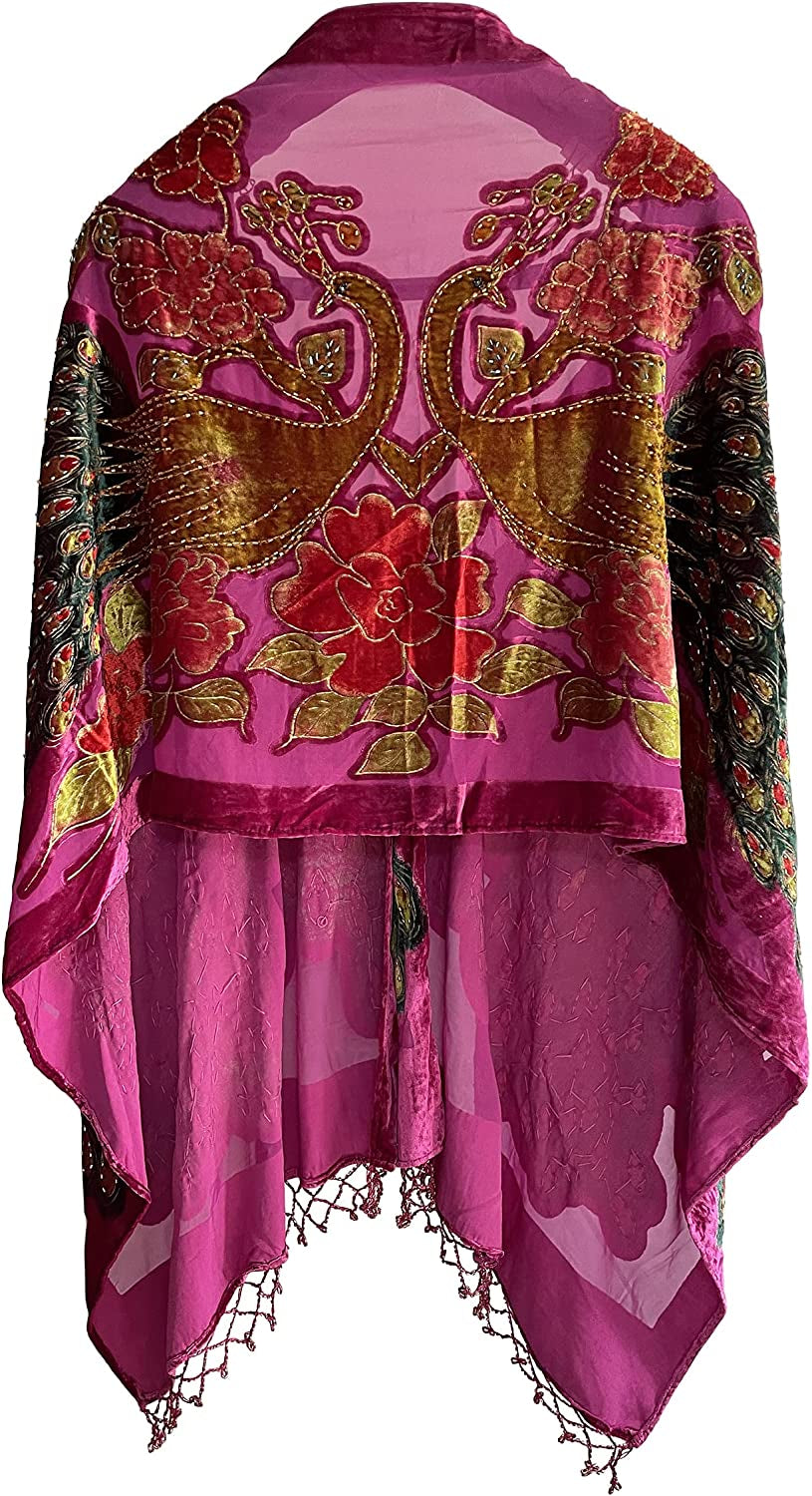 Peacock Velvet Shawl with Fringe Beaded Shawl for Women Peacock Scarf Handmade Beading Indian Wraps for Women with Tassel Apparel & Accessories > Clothing Accessories > Scarves & Shawls DQSSYTTX Fuchsia