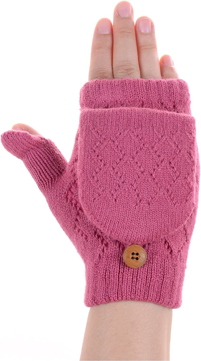 BYOS Women'S Winter Cozy Diamond Pattern Fleece Lined Flip Top Convertible Knit Gloves Mittens Apparel & Accessories > Clothing Accessories > Gloves & Mittens Be Your Own Style Deep Pink