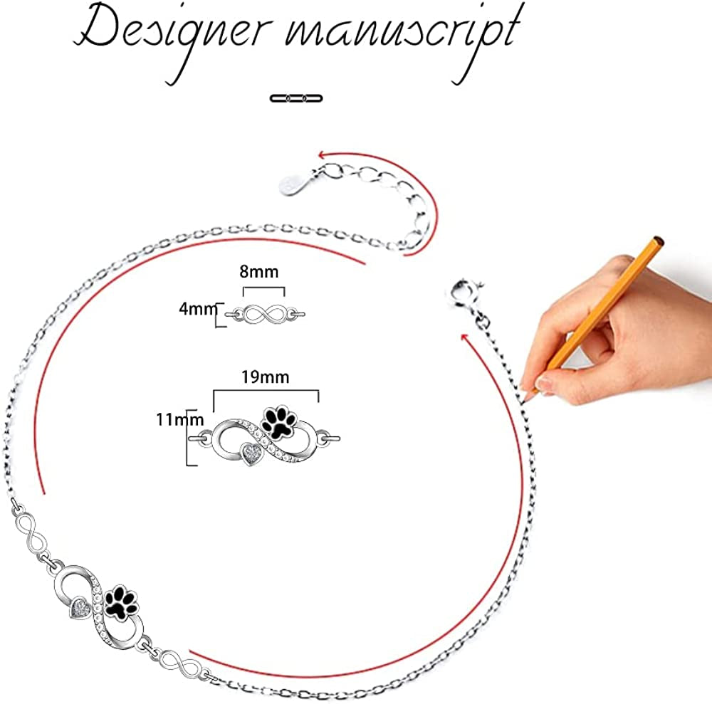Paw Print Anklet S925 Sterling Silver Infinity Heart Puppy Dog Cat Ankle Bracelets for Women Girls Beach Pet Barefoot Paws Hawaiian Boho Cute Adjustable Anklets Mothers Day Gifts Apparel & Accessories > Jewelry > Anklets Fenthring