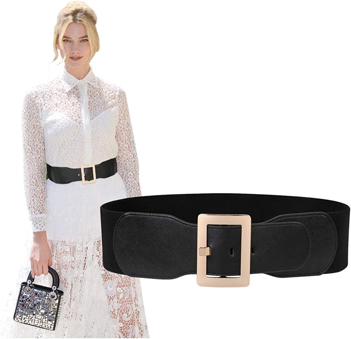 Women Wide Cinch Waist Belt Ladies Fashion Belt for Dresses with Metal Buckle Apparel & Accessories > Clothing Accessories > Belts SUOSDEY 02-black - Golden Buckle Fit Waist 43"-46"