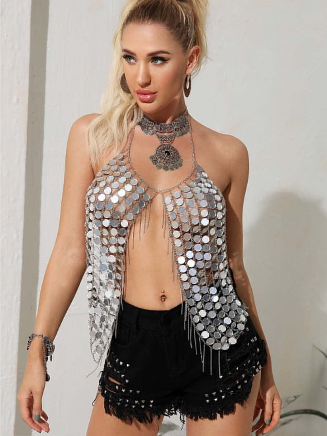 Salliy Boho Body Chain Bra Silver Sexy Rhinestone Bikini Bra Body Halter Backless Sequins Chain Bra Beach Body Accessories Jewelry for Women and Girls (C) Apparel & Accessories > Jewelry > Body Jewelry Salliy