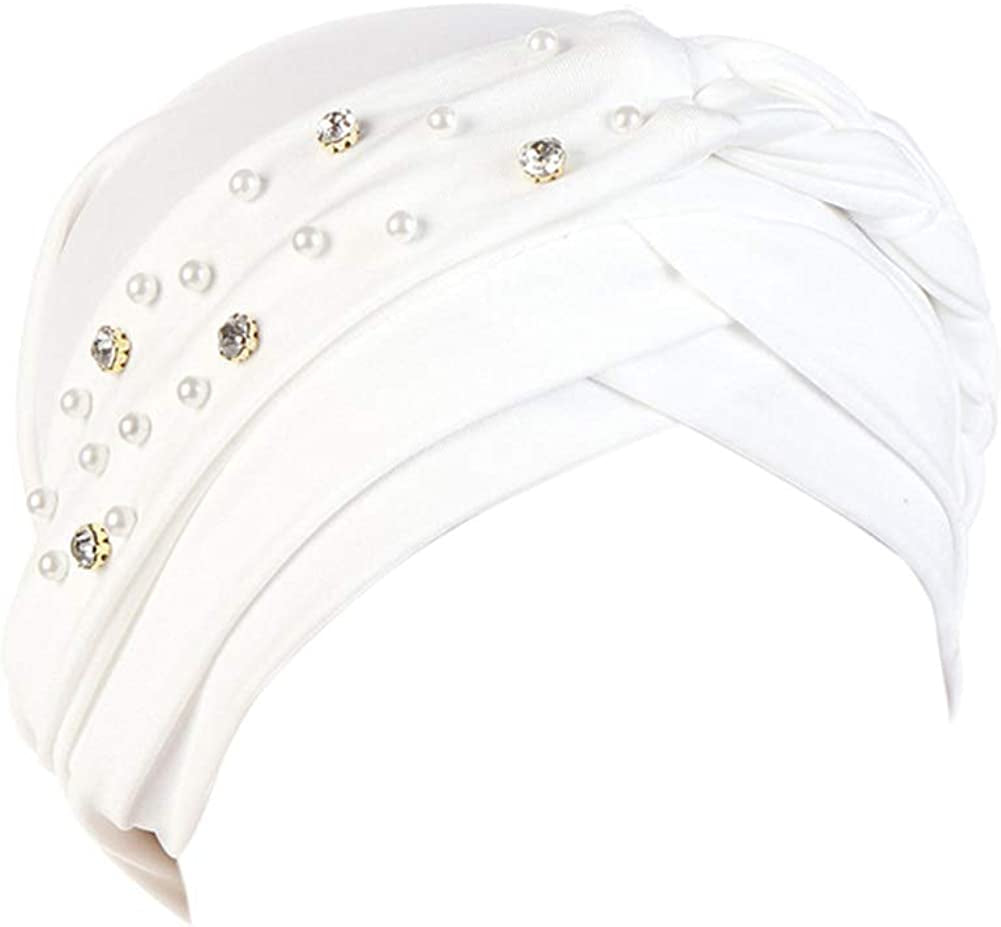 Beauty YFJH Women Hijab Beading Pre-Tied Twisted Braid Turban Hat Head Scarf Cancer Chemo Beanies Headwear Headwrap Cap Apparel & Accessories > Clothing Accessories > Headwear beauty YFJH White