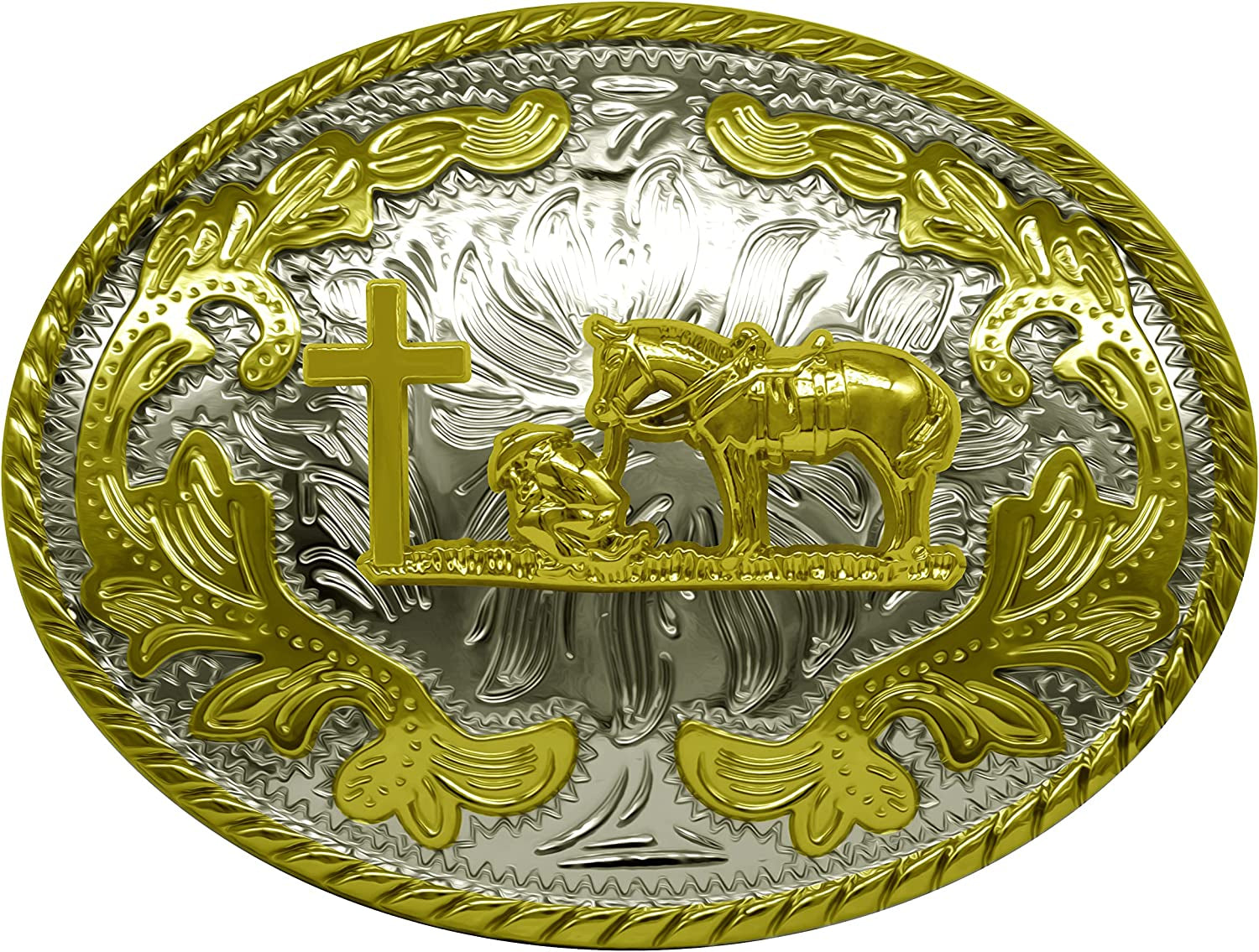 Moranse Religion Cross Cowboy Kneeling Prayer and Horse Design Belt Buckles Apparel & Accessories > Clothing Accessories > Belt Buckles Moranse Oval Golden