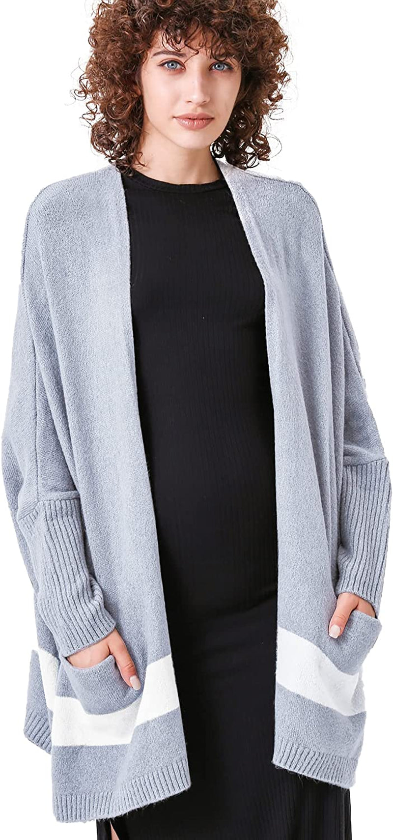 Moss Rose Women'S Open Front Cardigans Striped Batwing Sleeves Oversized Knit Pockets Sweater Coat Apparel & Accessories > Clothing Accessories > Scarves & Shawls KYLIE MAX C Light Grey Small