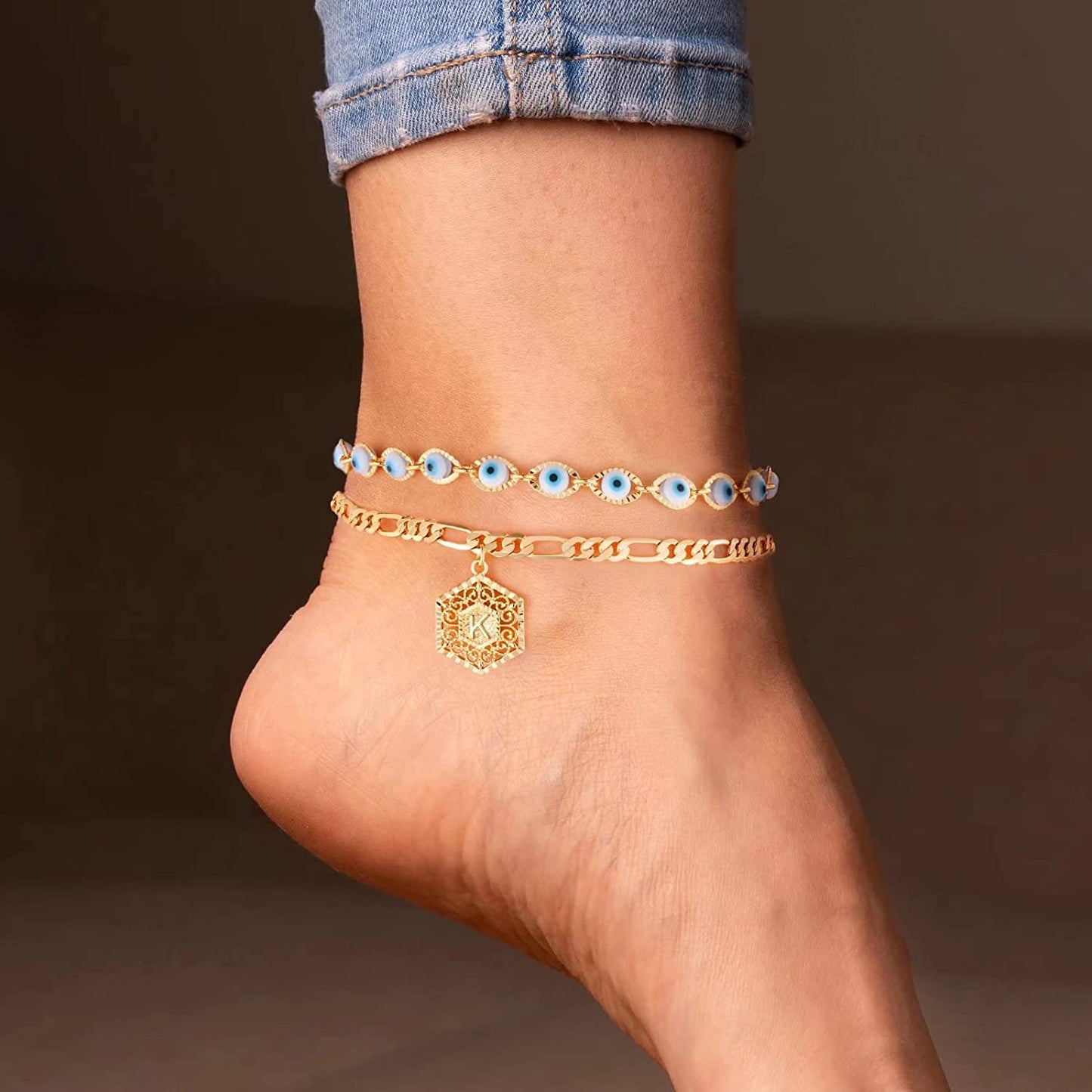Evil Eye Ankle Bracelets for Women, 14K Gold Plated Layered Anklet Evil Eye Anklet for Women Openwork Hexagon Pendant Initial A-Z Gold Anklets for Women Girls Evil Eye Anklet Jewelry Gifts Apparel & Accessories > Jewelry > Anklets IEFSHINY