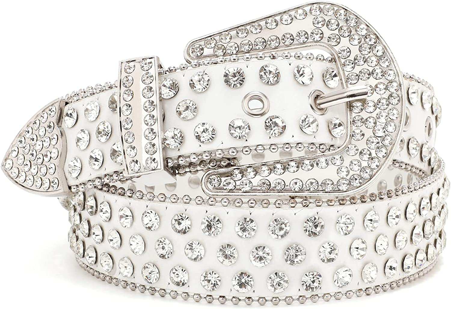 Rhinestone Belt for Men Women SUOSDEY Western Cowboy Cowgirl Bling Studded Leather Belt for Jeans Pants Apparel & Accessories > Clothing Accessories > Belts SUOSDEY 03-white (Silver Buckle) XL: fits pants size 43”-46”