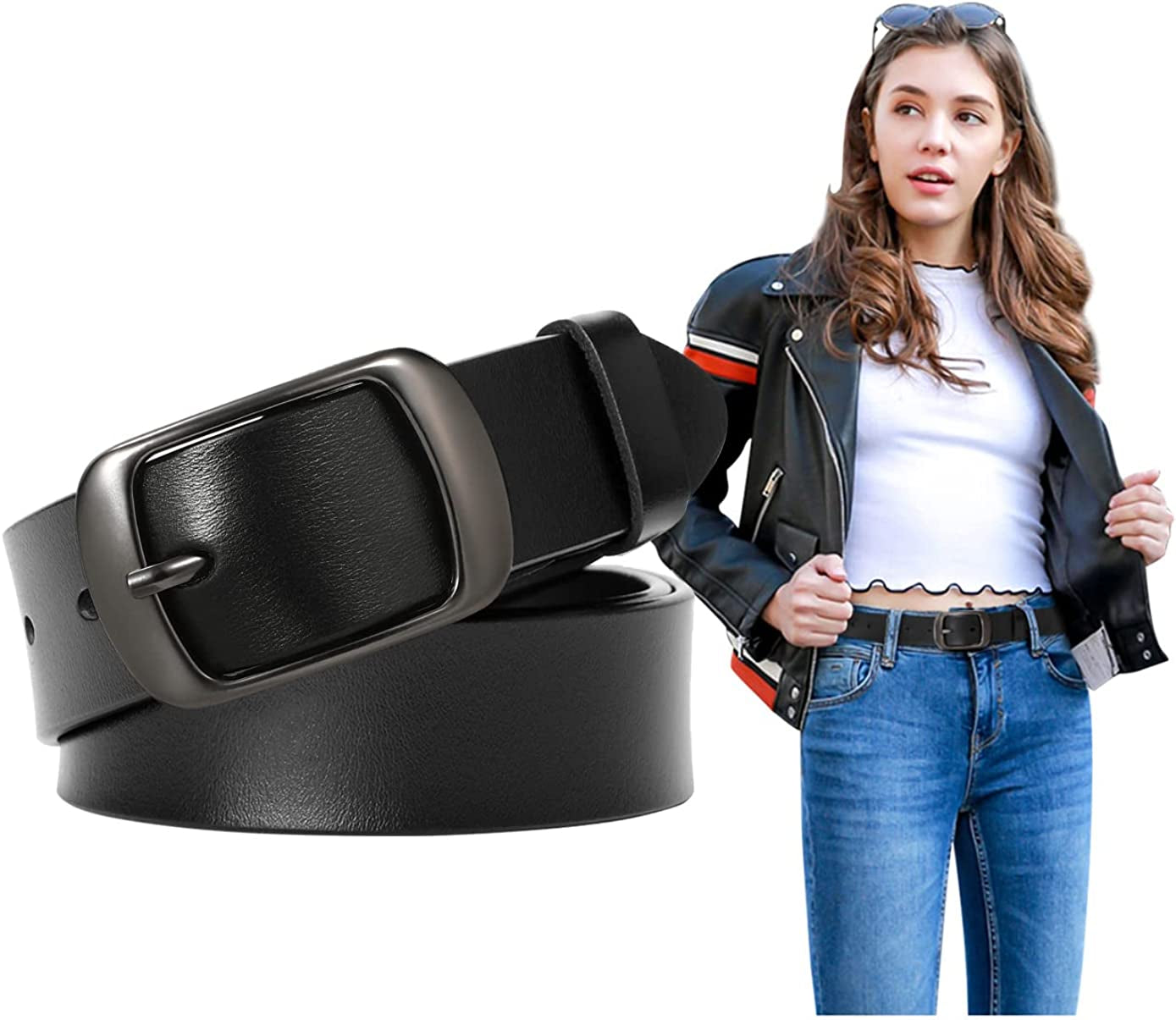 Fashion Womens Leather Belts SUOSDEY with Pin Buckle Waist Belt for Jeans Pants Apparel & Accessories > Clothing Accessories > Belts SUOSDEY Black With Matte Gun Color Buckle XXX-Large: fits waist from 51"-54"