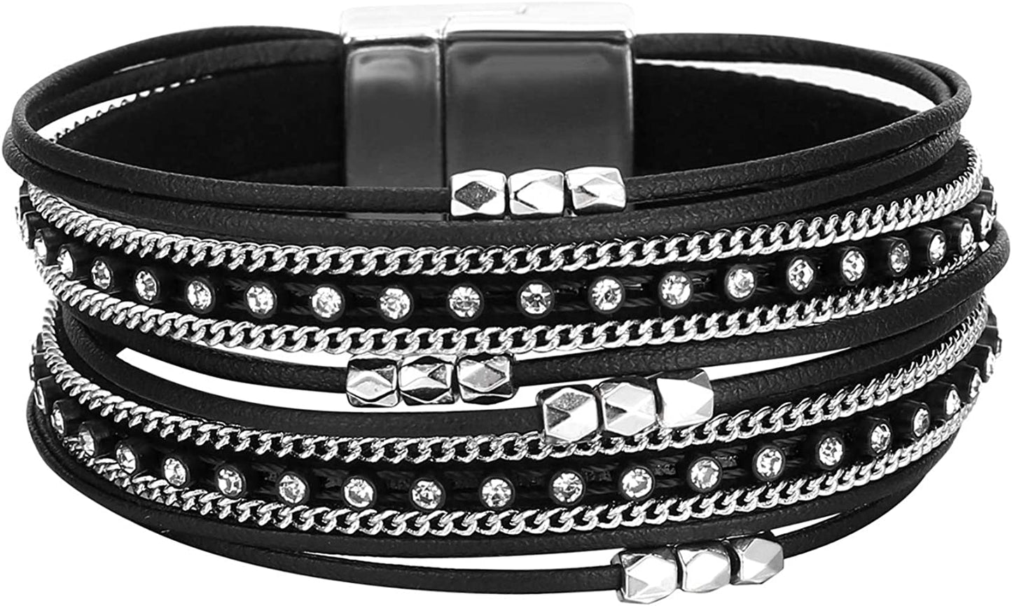 Fesciory Leather Wrap Bracelet for Women, Leopard Multi-Layer Magnetic Buckle Cuff Bracelet Jewelry Apparel & Accessories > Jewelry > Bracelets Fesciory B28-Short Black
