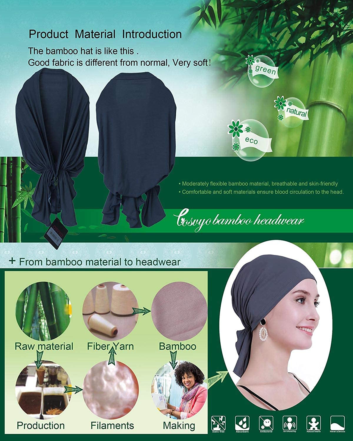 Osvyo Bamboo Chemo Headscarf for Women Hair Loss - Cancer Slip on Headwear Turbans Sealed Packaging Dark Grey Apparel & Accessories > Clothing Accessories > Headwear osvyo