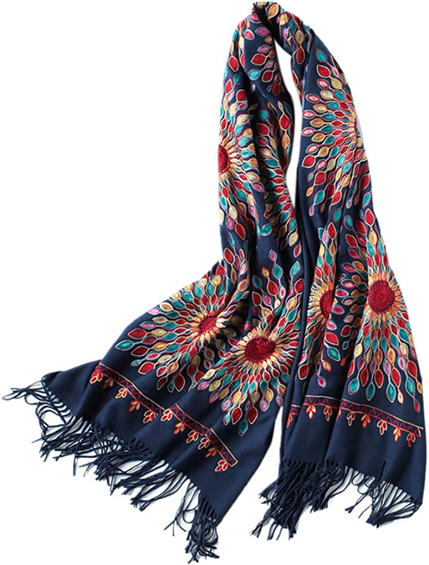Women'S Embroidered Oversize Tassel Shawl Scarf Wraps for Women Apparel & Accessories > Clothing Accessories > Scarves & Shawls Urban CoCo Navy Blue