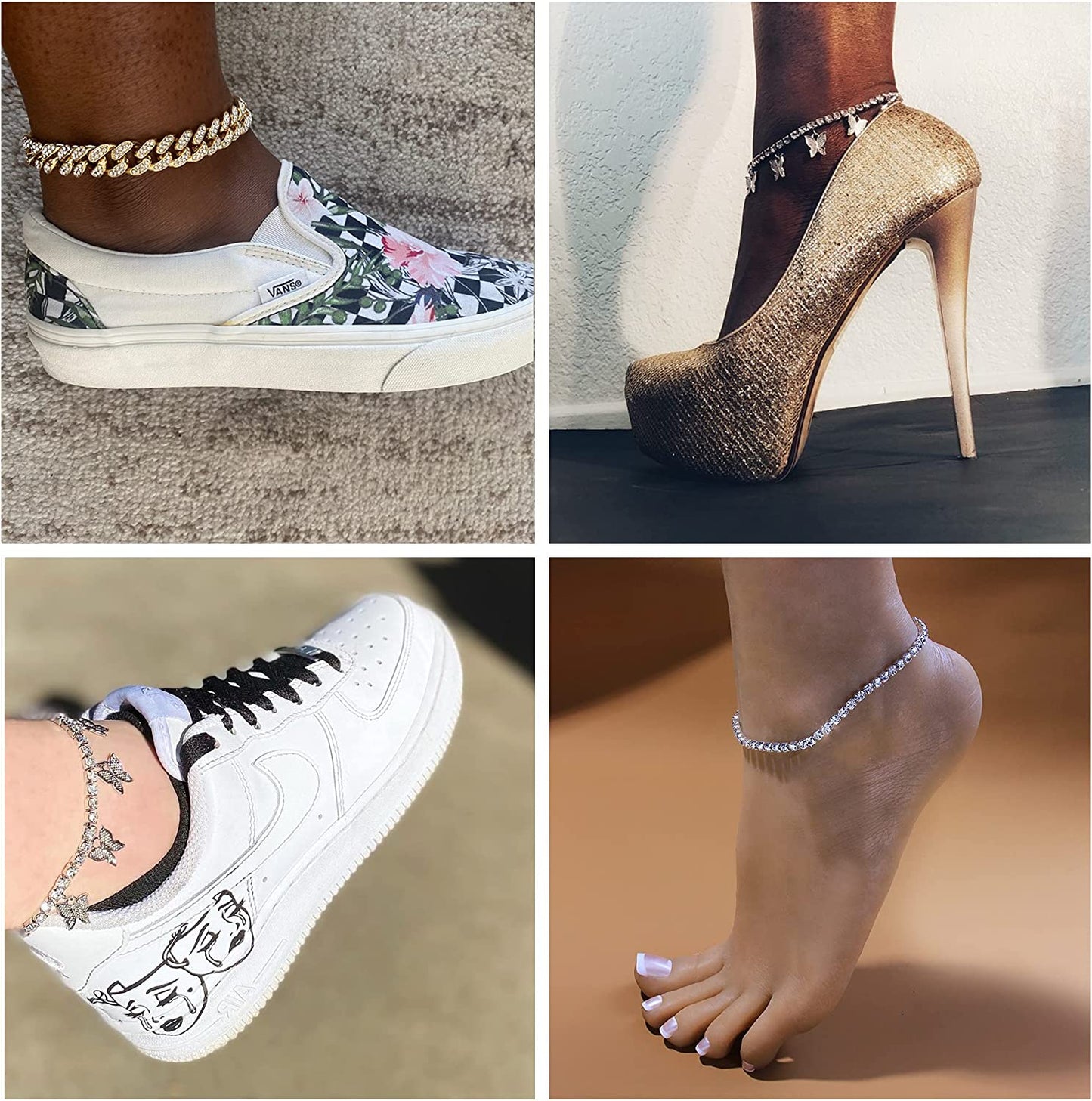 FINREZIO 3PCS Butterfly Anklet Bracelet for Women Summer Beach Cute Foot Jewelry Cuban Link Rhinestone Crystal Tennis Anklets Set Adjustable Apparel & Accessories > Jewelry > Anklets FINREZIO