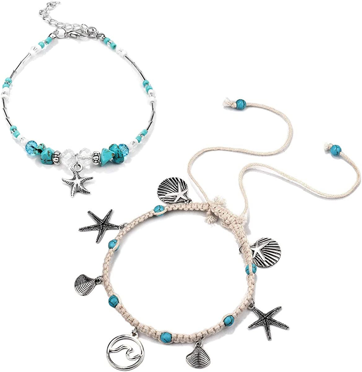 Softones Blue Starfish Turtle Anklet Multilayer Charm Beads Sea Handmade Boho Anklet Foot Jewelry for Women Girl Apparel & Accessories > Jewelry > Anklets Softones D:2pcs Star Wave