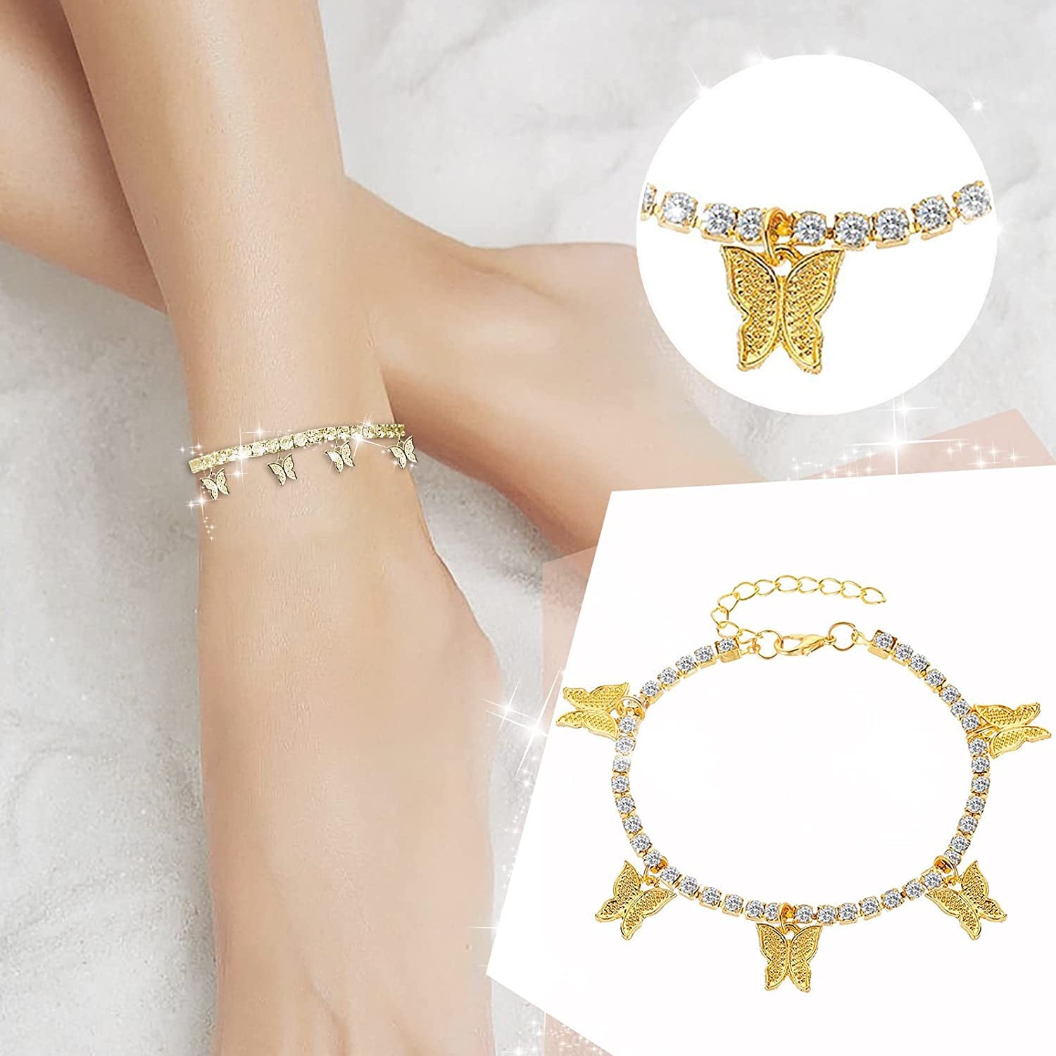Dainty Zircon Tennis Anklet Bracelets Cute Butterfly Charm Anklets Adjustable Stackable Boho Anklet for Teen Girls Mom Beach Jewelry Birthday (Gold, One Size) Apparel & Accessories > Jewelry > Anklets Generic