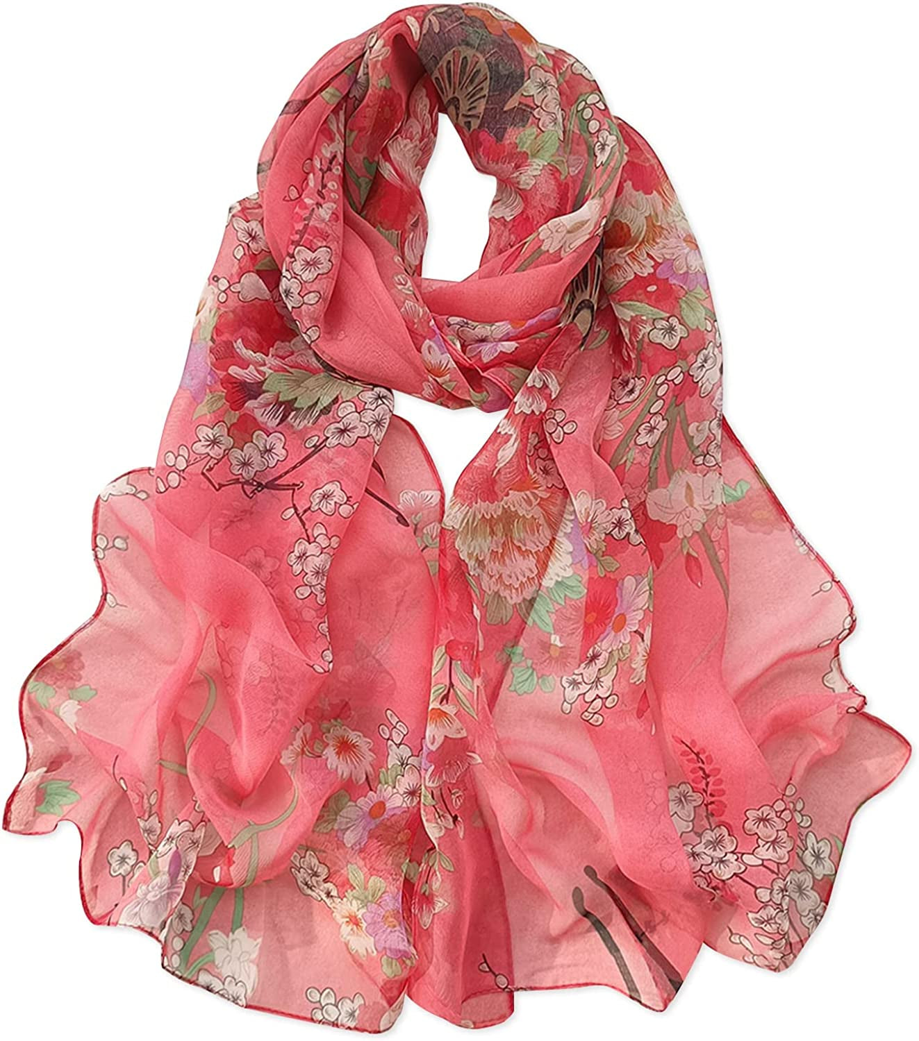 E-Clover Women Soft Floral Print Shawl Chiffon Sheer Scarf Apparel & Accessories > Clothing Accessories > Scarves & Shawls E-Clover Peony Red