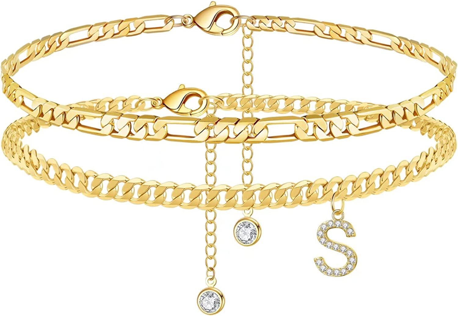 Initial Ankle Bracelets for Women, 14K Gold Plated Layered Initial Cubic Zirconia Ankle Bracelets Dainty Beach Letter Initial Anklet A-Z Gold Anklets for Women Teen Girls Foot Jewelry Gifts Apparel & Accessories > Jewelry > Anklets IEFSHINY S