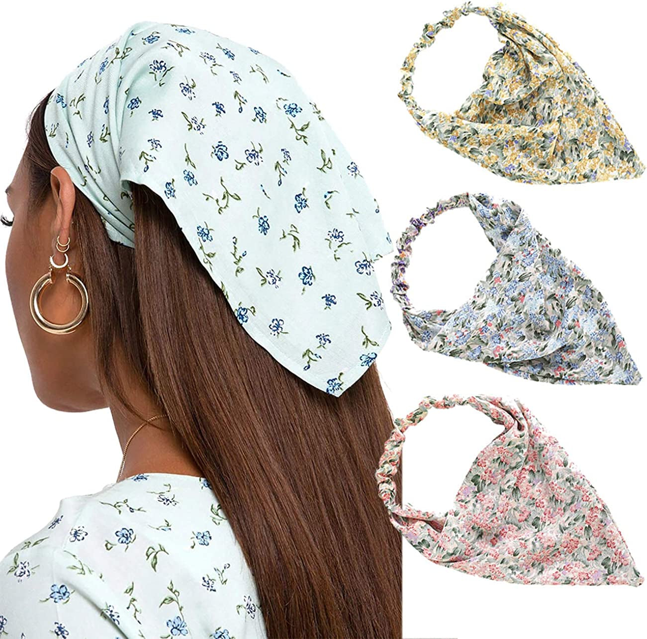 Floral Elastic Hair Scarf Headband - 3 PCS Chiffon Head Kerchief Headband Floral Hair Scarves with Hair Clips Hair Bandanas Apparel & Accessories > Clothing Accessories > Bandanas & Headties AWAYTR Yellow/Blue/Pink
