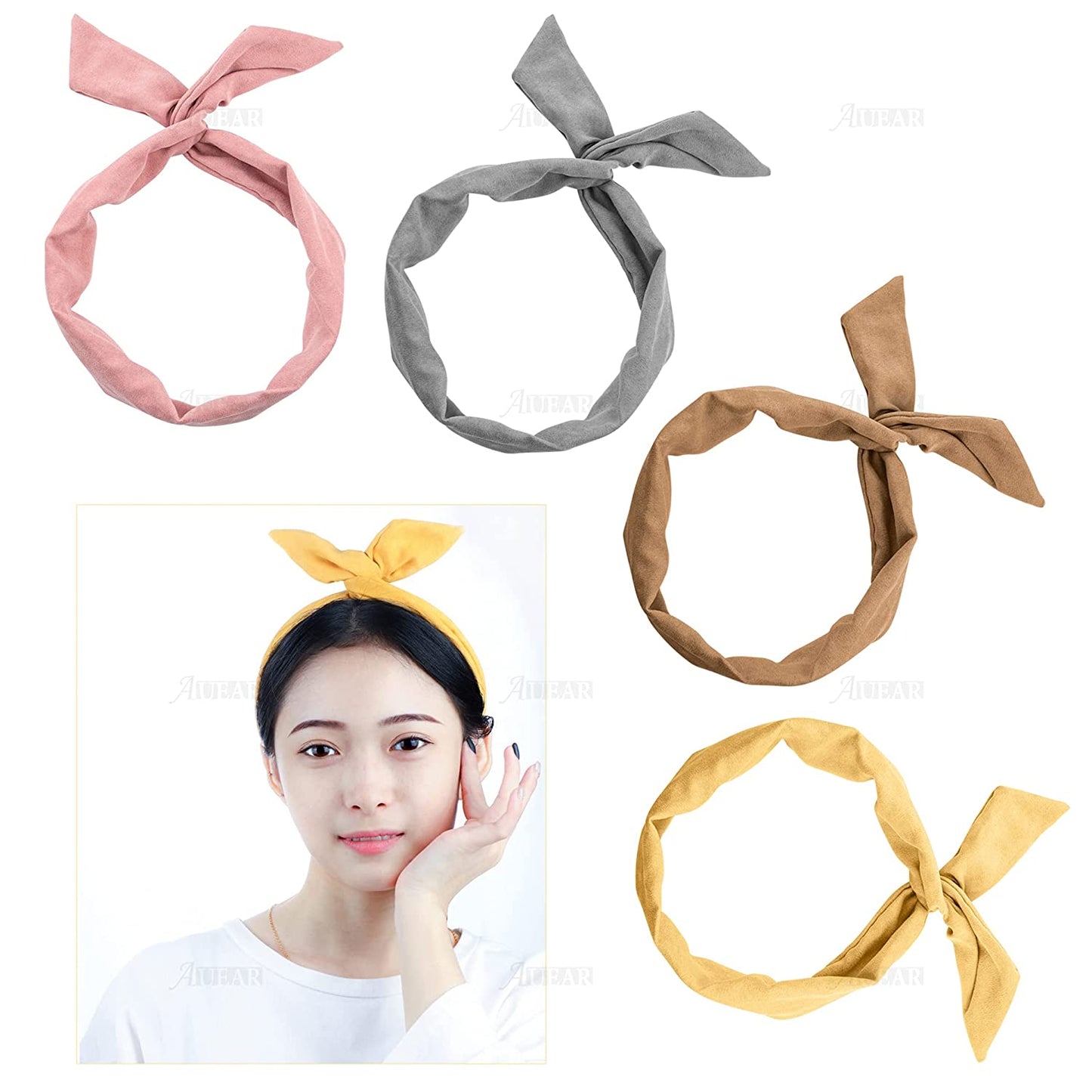 AUEAR, 9 Pack Solid Color Twist Bow Headband Wired Hair Tie Wire Headbands Rabblte Ear Bow Head Wraps for Women Girls Hair Accessories Apparel & Accessories > Clothing Accessories > Bandanas & Headties AUEAR