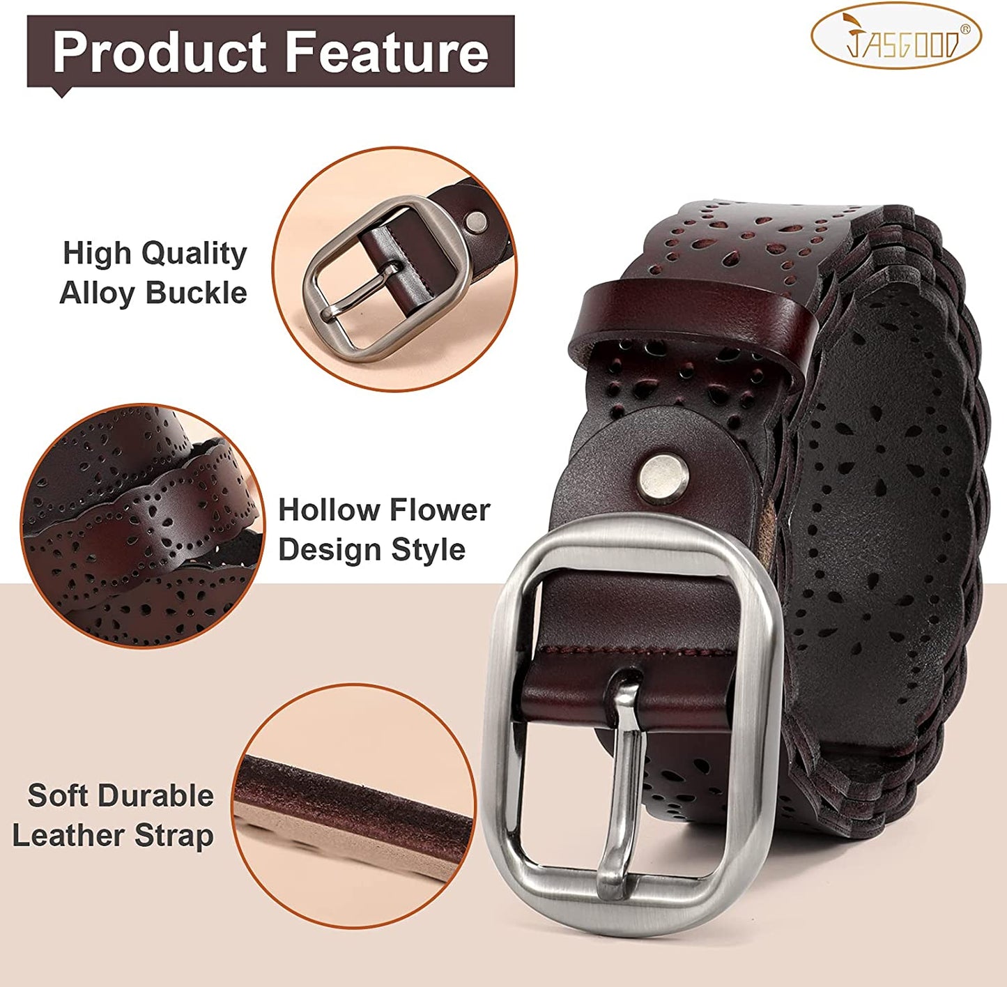 JASGOOD Women'S plus Size Belt, Hollow Flower Leather Belt for Jeans Pants Wide Belt with Metal Buckle Apparel & Accessories > Clothing Accessories > Belts KYLIE MAX