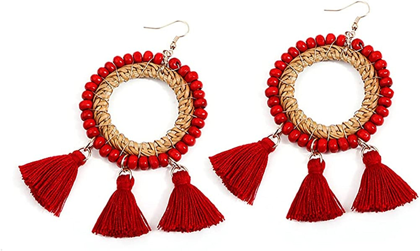 Bohemian Rattan Wooden Beads Fish Hook Circle/Teardrop Earrings Dangle Drop Jewelry for Women Girls Apparel & Accessories > Jewelry > Earrings VEETOO