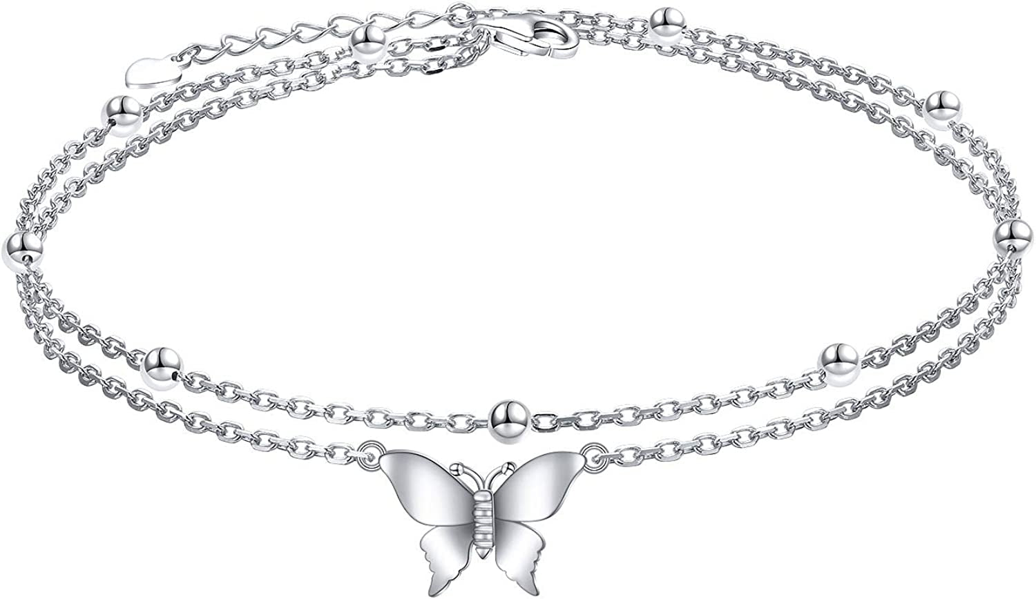 Flyow Anklet for Women S925 Sterling Silver Adjustable Foot Beaded Heart Charm Ankle Bracelet Anklets Jewelry Apparel & Accessories > Jewelry > Anklets FLYOW butterfly