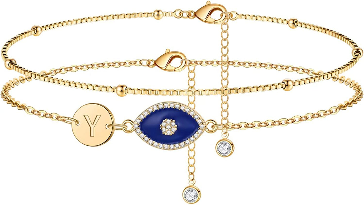 Layered Gold Anklets for Women, 14K Real Gold Plated Box Chain Ankle Bracelets for Women Dainty Evil Eye Anklets Layered Initial Anklets for Women Summer Jewelry Foot Bracelets for Women Apparel & Accessories > Jewelry > Anklets IEFWELL Y