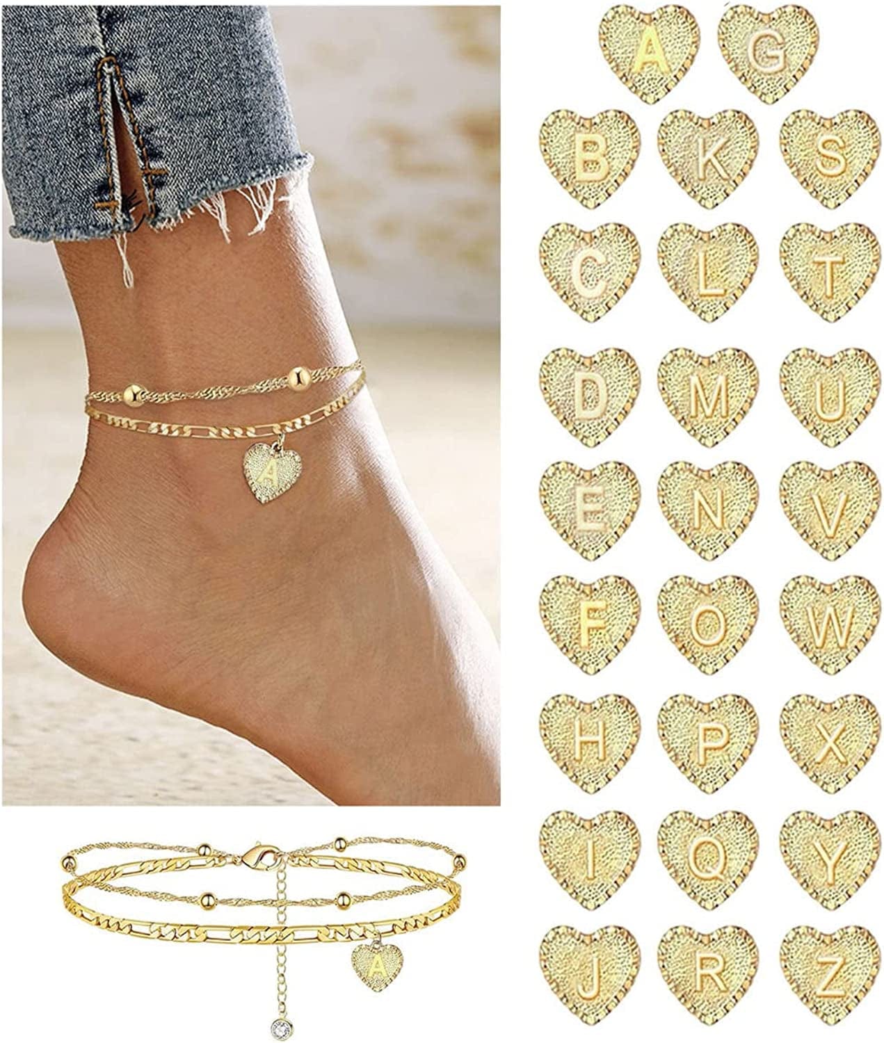 1PC Heart Initial Ankle Bracelets for Women 26 Letters Double Layered Gold Anklet, Women'S Foot Chain Heart-Shaped Anklet Jewelry Gifts Apparel & Accessories > Jewelry > Anklets Generic