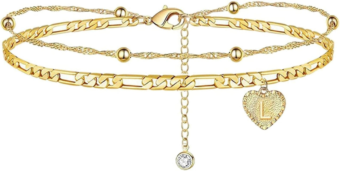 1PC Heart Initial Ankle Bracelets for Women 26 Letters Double Layered Gold Anklet, Women'S Foot Chain Heart-Shaped Anklet Jewelry Gifts Apparel & Accessories > Jewelry > Anklets Women Makeup Gold 1PC