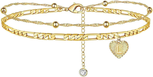 1PC Heart Initial Ankle Bracelets for Women 26 Letters Double Layered Gold Anklet, Women'S Foot Chain Heart-Shaped Anklet Jewelry Gifts Apparel & Accessories > Jewelry > Anklets Women Makeup Gold 1PC