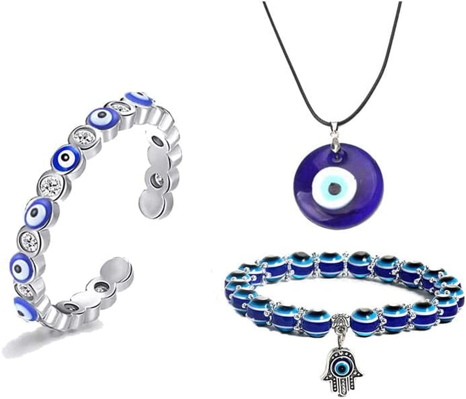 2/3/4 Pcs Blue Beads Evil Eyes Bracelet Hamsa Hand of Fatima Bracelet Glass Charm Evil Eye Leather Cord Necklace Protection Jewelry Set necklace+bracelet+blue ring