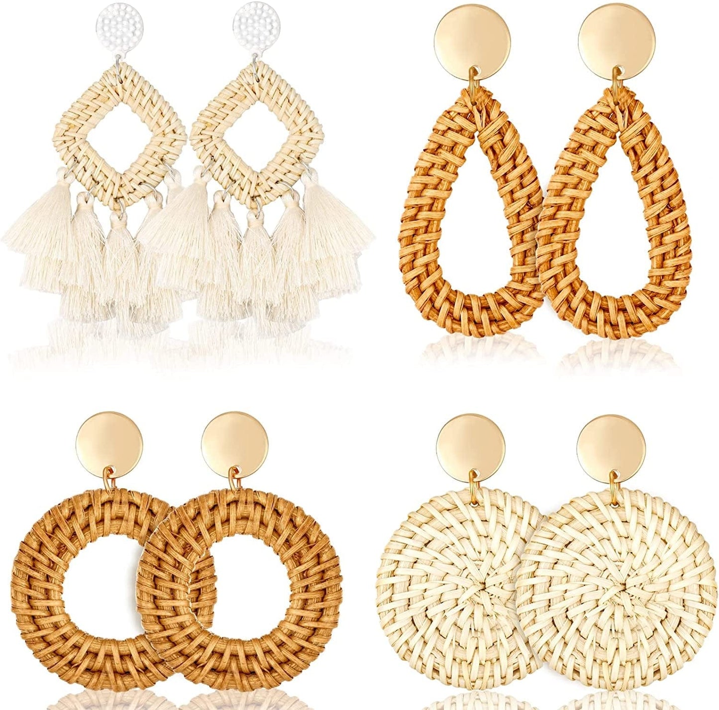 2-9 Pairs Rattan Earrings Tassel Earrings for Women Girls Lightweight Acrylic Geometric Statement Woven Bohemian Earrings Handmade Straw Wicker Braid Hoop Drop Dangle Earrings B