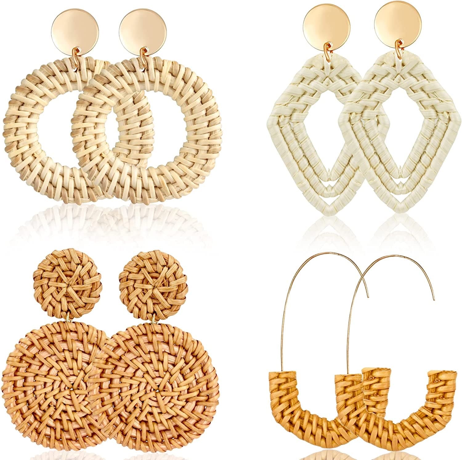 2-9 Pairs Rattan Earrings Tassel Earrings for Women Girls Lightweight Acrylic Geometric Statement Woven Bohemian Earrings Handmade Straw Wicker Braid Hoop Drop Dangle Earrings C