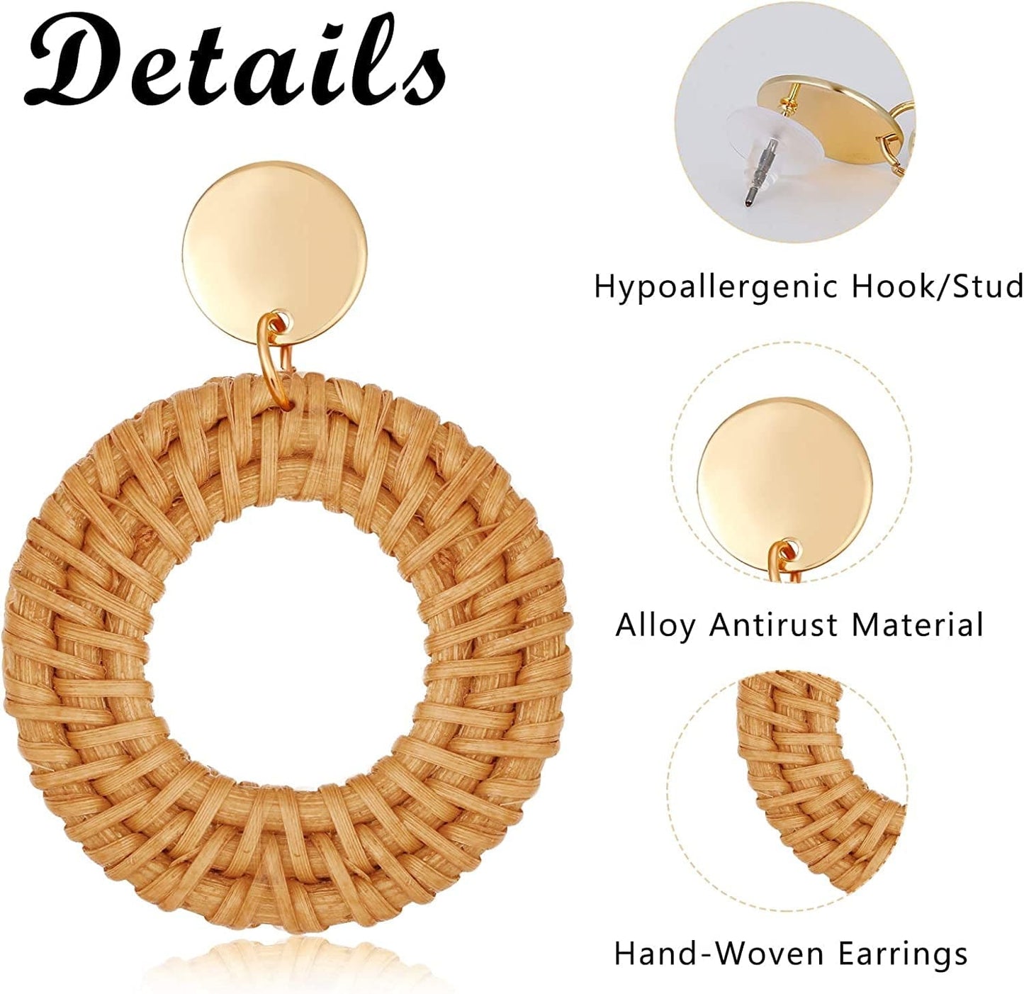 2-9 Pairs Rattan Earrings Tassel Earrings for Women Girls Lightweight Acrylic Geometric Statement Woven Bohemian Earrings Handmade Straw Wicker Braid Hoop Drop Dangle Earrings